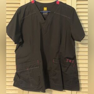 Wonder Wink Black Scrub Top with Hot Pink Accents